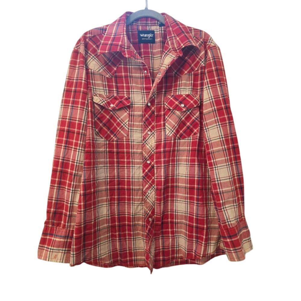 Wrangler Western Shirt Mens Medium Red Plaid Pearl Snap Cowboy 15.5x34